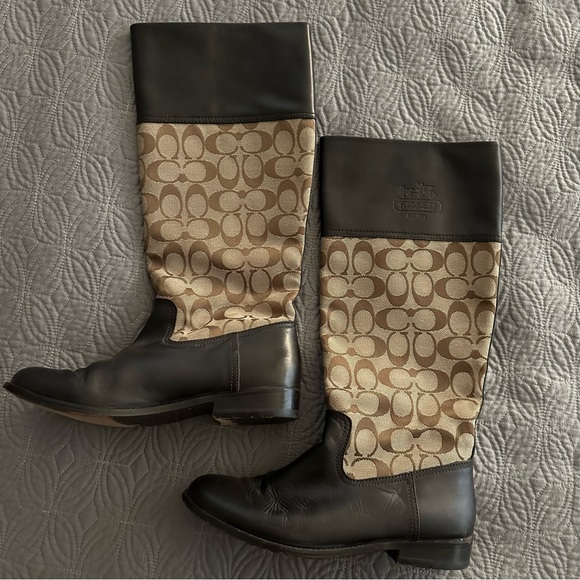 Brown Coach Signature Fabric Chrissi Pull On Knee High Boots - Picture 1 of 7